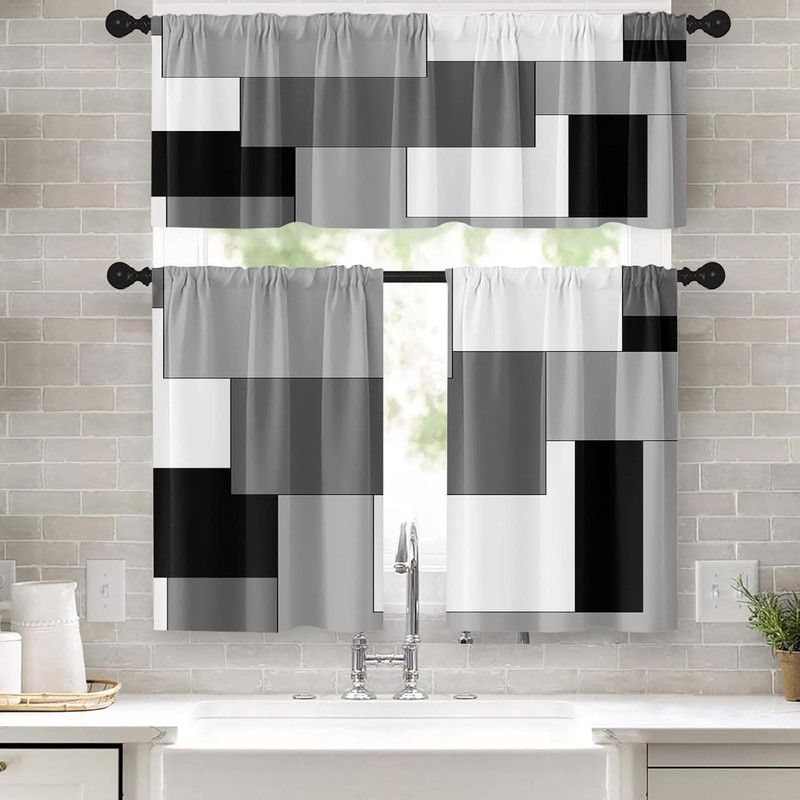 Black Grey Kitchen Window Curtains Valance and Tier Set, Dark Grey White Modern gallery
