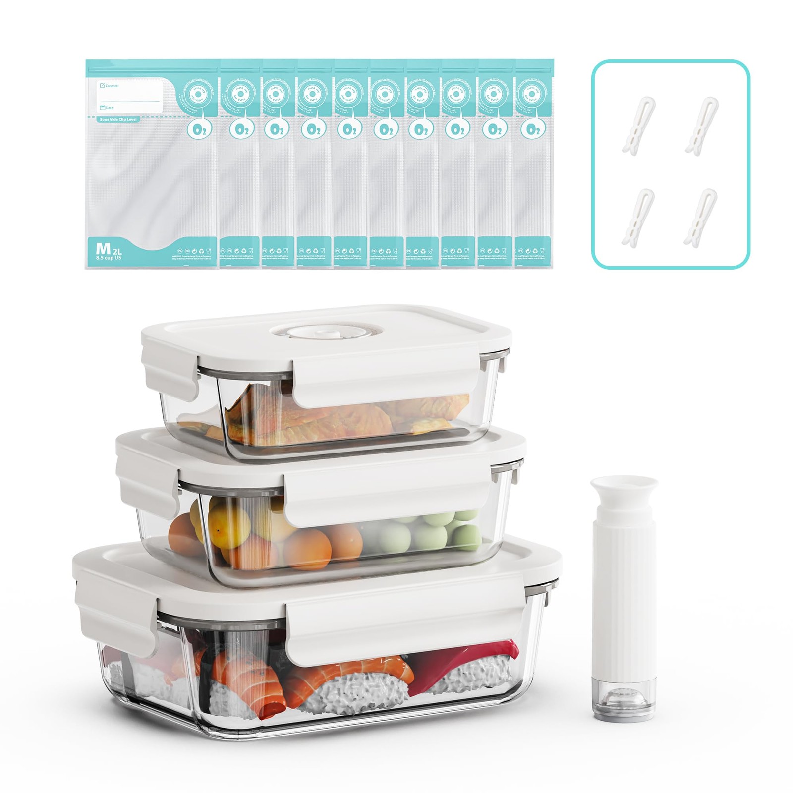 Vacuum Seal Glass Food Storage Containers, 3pcs Containers with 10pcs Sous Vi... gallery