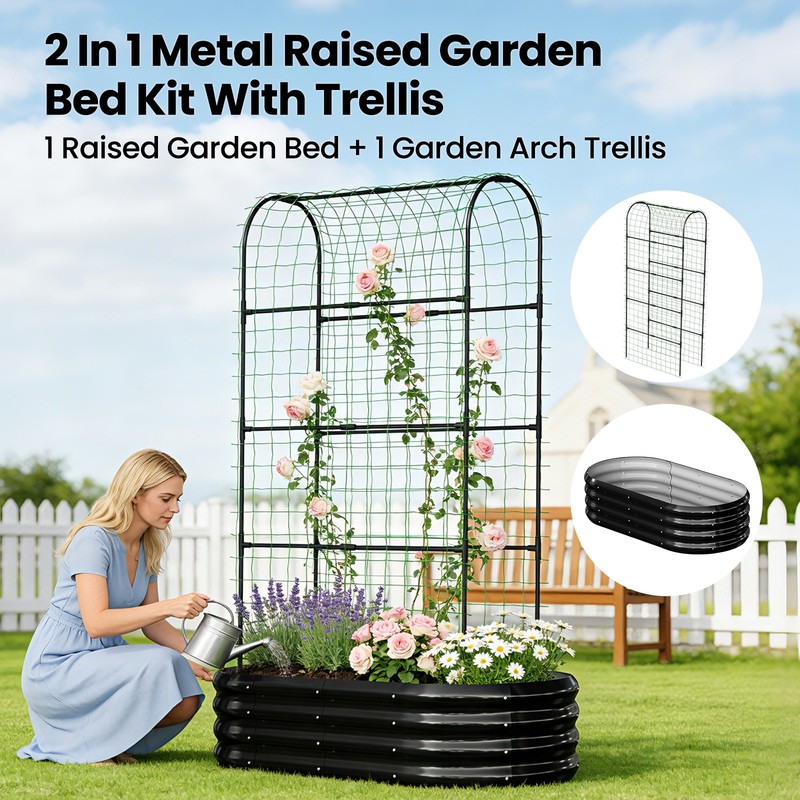 2-in-1 Galvanized Raised Garden Bed with 71" Arch Trellis for Climbing Plants. gallery