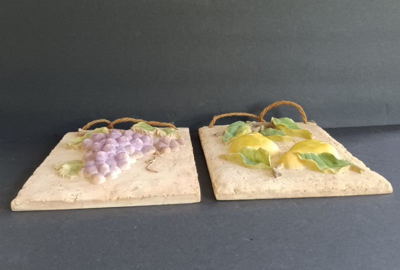Kitchen Wall Plaques Tuscan Rustic 3D Pears Grapes 2 Textured Resin Jute Hangers gallery