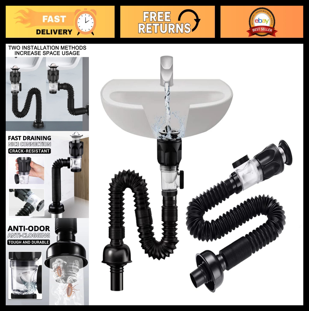 Flexible Bathroom Sink Drain Kit - Expandable P-Trap Pipe, Anti-Odor, Fits 1-1/4 gallery