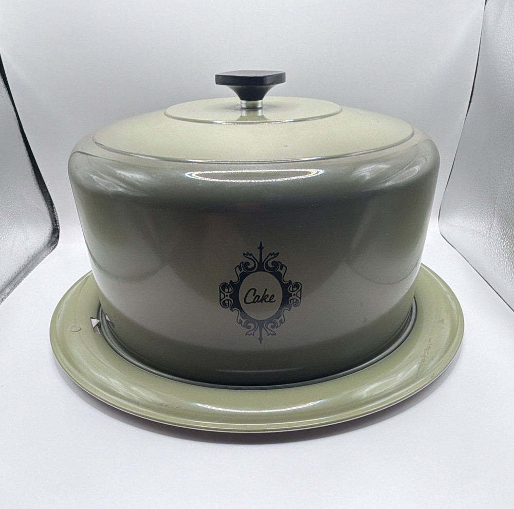 West Bend Round Metal Cake Container 3pc Lid/Tray/Base Handle Green Gray
