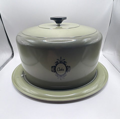 West Bend Round Metal Cake Container 3pc Lid/Tray/Base Handle Green Gray