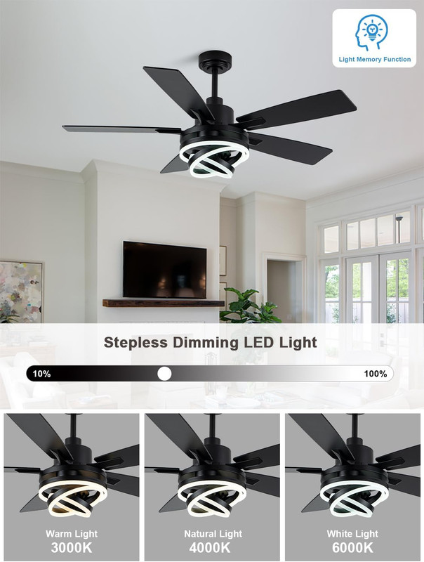 52" Modern Black Ceiling Fan with Light & Remote for Home & Office gallery