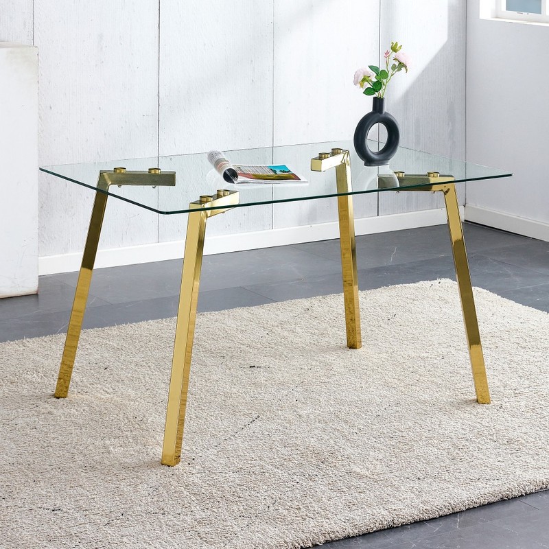 Modern Rectangular Glass Dining Table with Golden Legs 51x31.5x29.5in gallery