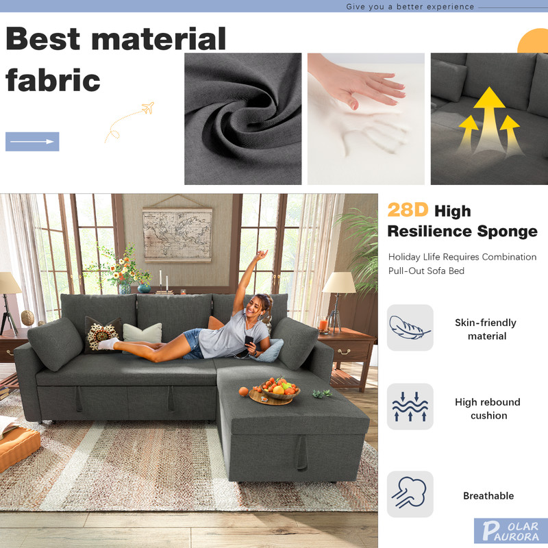 Linen Sleeper Sofa Bed,Pull OutCouch Bed with Storage Chaise gallery