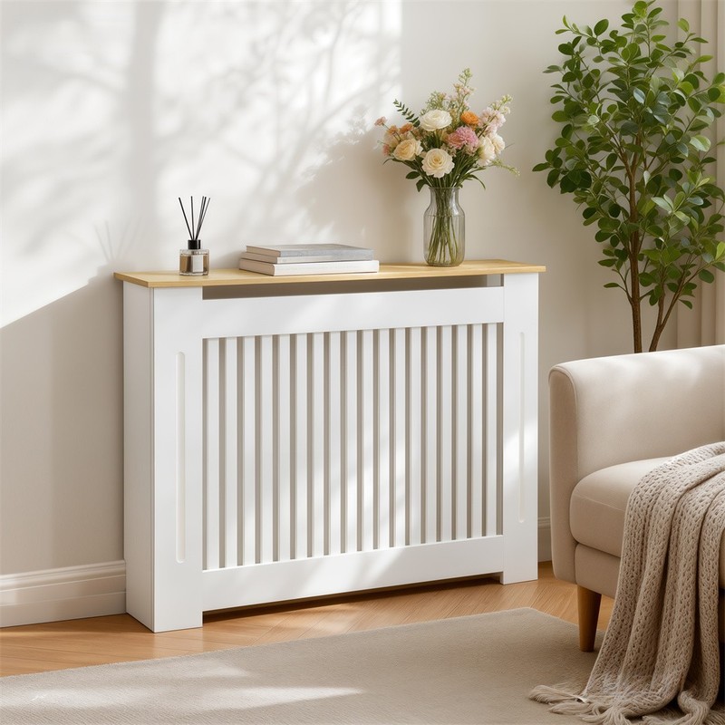 Modern Slatted Vertical White Radiator Cover with MDF Wood Top, Wood Grill Shelf gallery