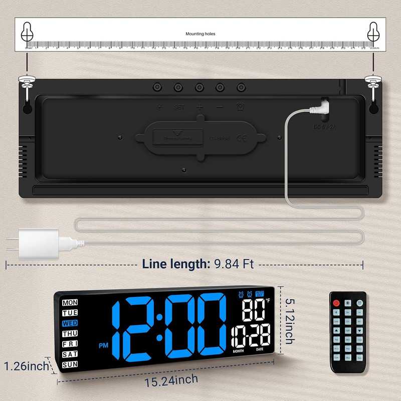 16.5" Large Digital Wall Clock with Remote Control, Auto-Dimming LED Display Wit gallery