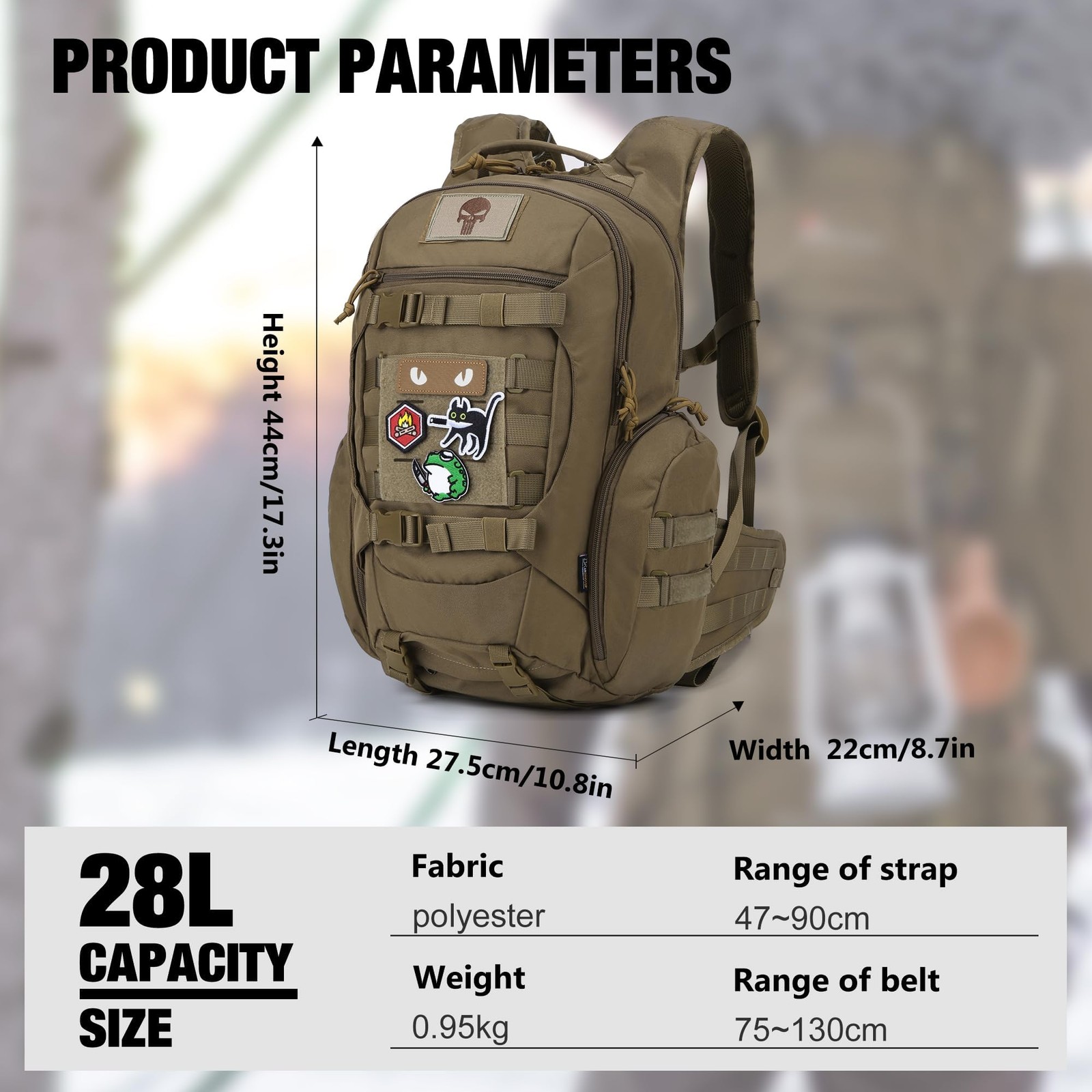 28L Tactical Backpack for Men with Loop and Hook Patch, Molle EDC Motorcycle ... 2