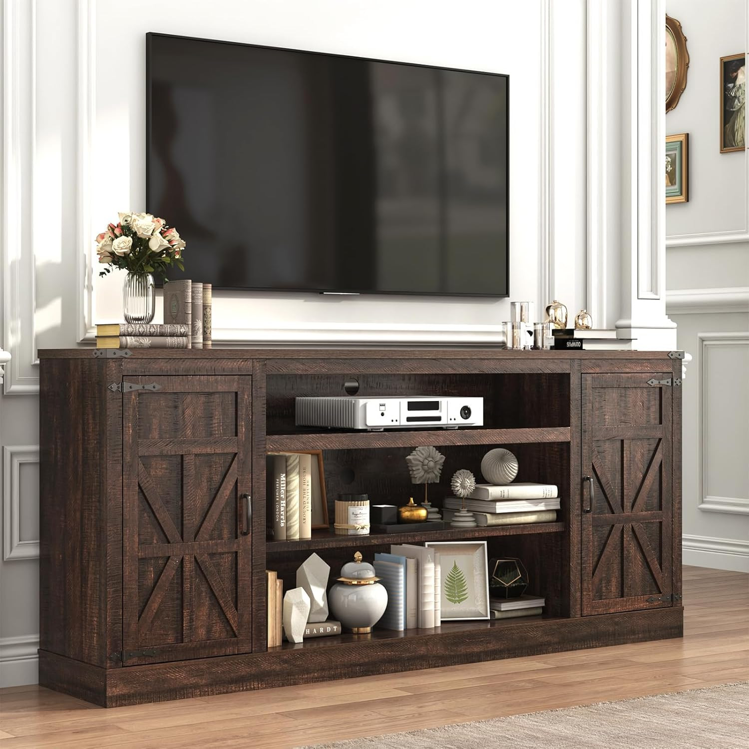 75" Farmhouse TV Stand with Power Outlets for 85 Inch Tvs, 33" Tall Entertainmen gallery