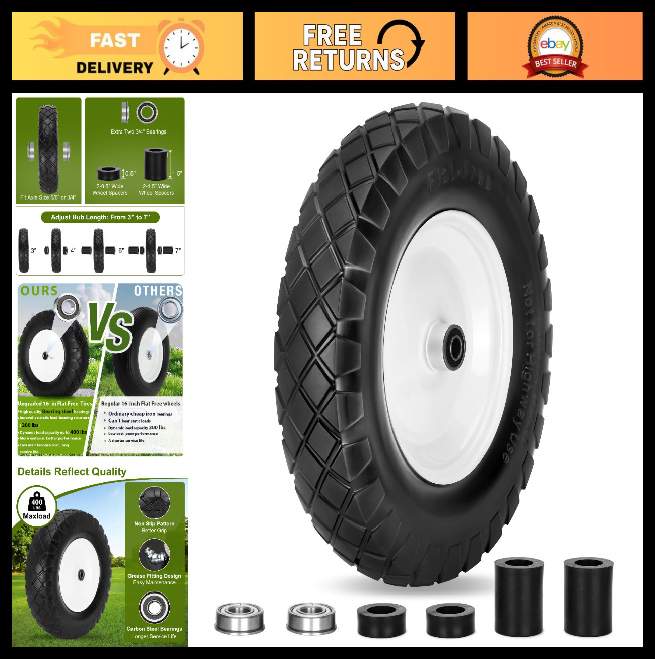 16" Flat Free Wheelbarrow Wheels & Tires, 4.80/4.00-8 Solid, Universal Fit gallery