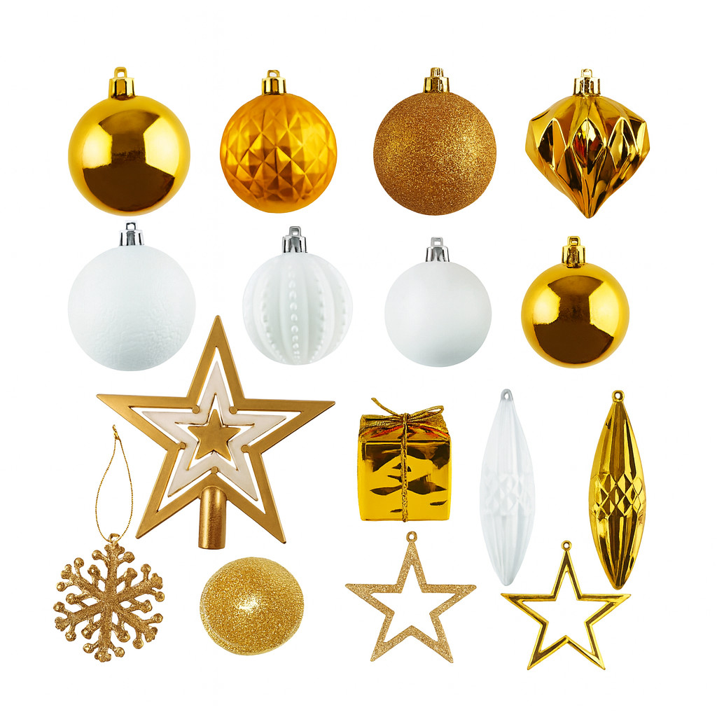 Christmas Ornament Set 100 PCS Gold White Tree Balls Star Topper Shatterproof De gallery