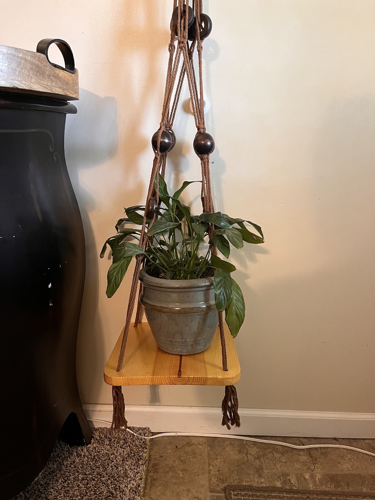 Macrame Plant Hanger with Wood Shelf Brown Beads Vintage MCM Hanging Vine Ivy gallery