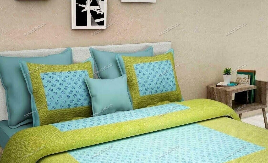Bed Sheet with Two Pillow Cover Green Froal hand 4 Kaam Gad Buti Pure Cotton Dou gallery