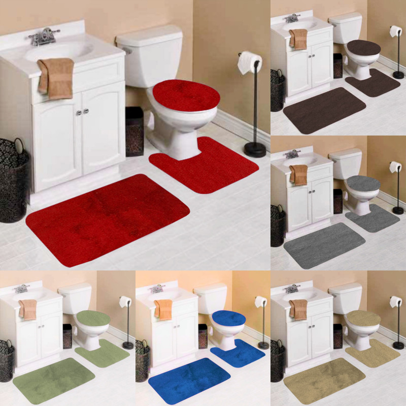 BATHROOM SET RUG CONTOUR MAT TOILET LID COVER SOLID EMBROIDERY BATHMATS #6 3pc gallery
