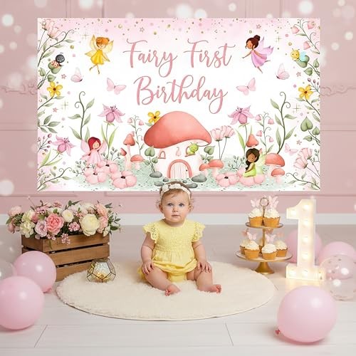 Fairy First Birthday Backdrop Banner – 6×3.6 ft Pink Fairy “One” Party gallery