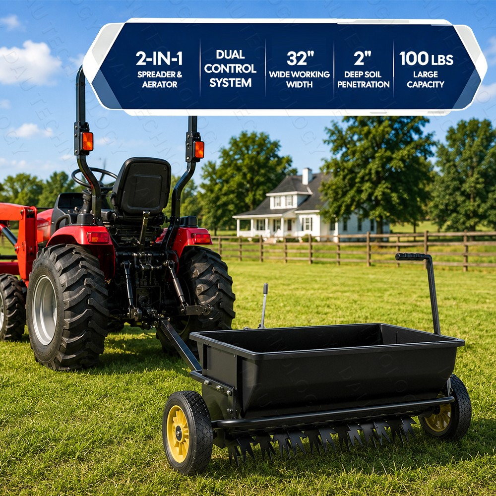 32 Inch Lawn Spreader with Aerator Spikes Tow Behind Heavy Duty Steel Hopper New gallery