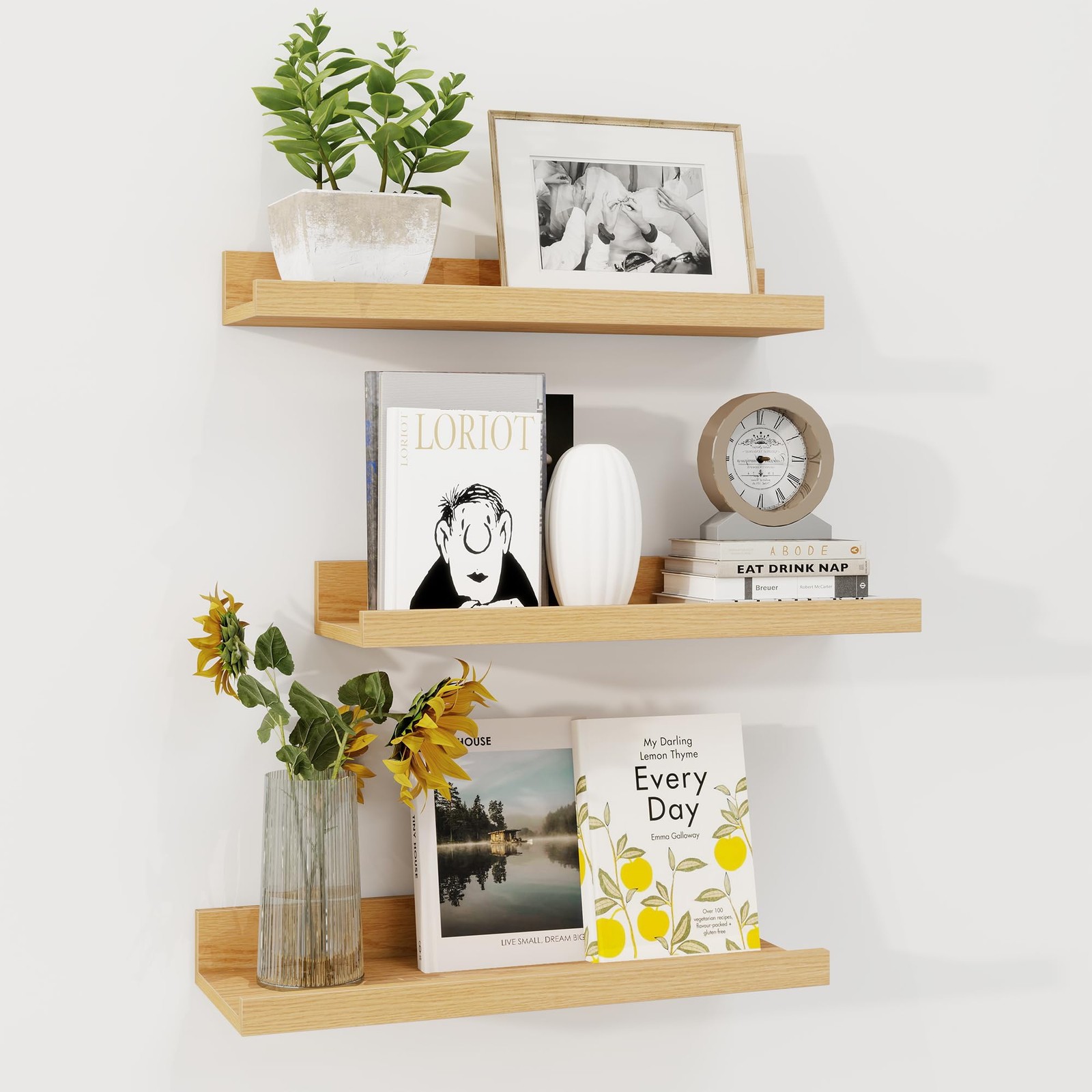 3 PCS Picture Ledge Shelf 16 Inch Oak Floating Shelves Rustic Wood Wall Lip gallery