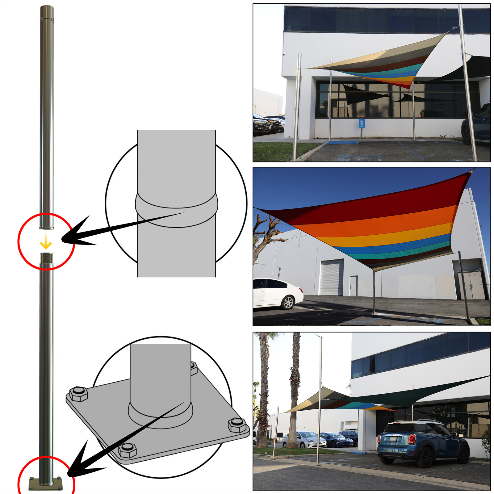 ColourTree Stainless Steel Pole with Base Plate Height-Adjustable Mounting Clamp gallery