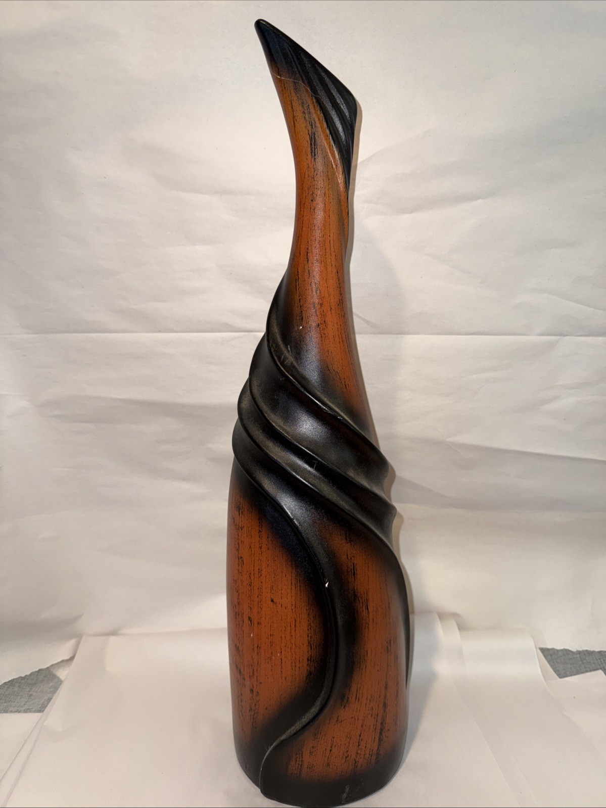 Contemporary swirling art ceramic vase with reddish-brown and black finish 20” gallery