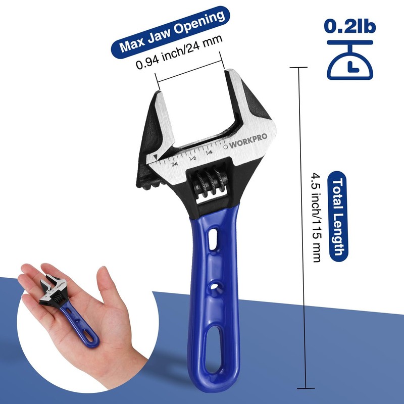 WORKPRO 4-inch Stubby Adjustable Wrench Extra Wide Jaw Opening Wrench Metric/SAE gallery