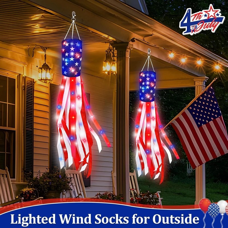 2 Pack 50 Inch Large American Flag Windsock with Lights 4Th of July Decorations, gallery