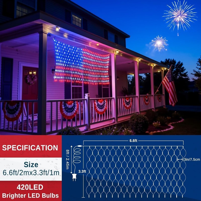 American Flag String Lights, Waterproof Led Flag Net Light, with 420 Super Brigh gallery