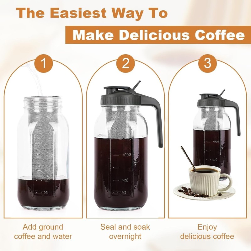 Cold Brew Coffee Maker Mason Jar Pitcher 64oz Iced Tea Lemonade Filter gallery