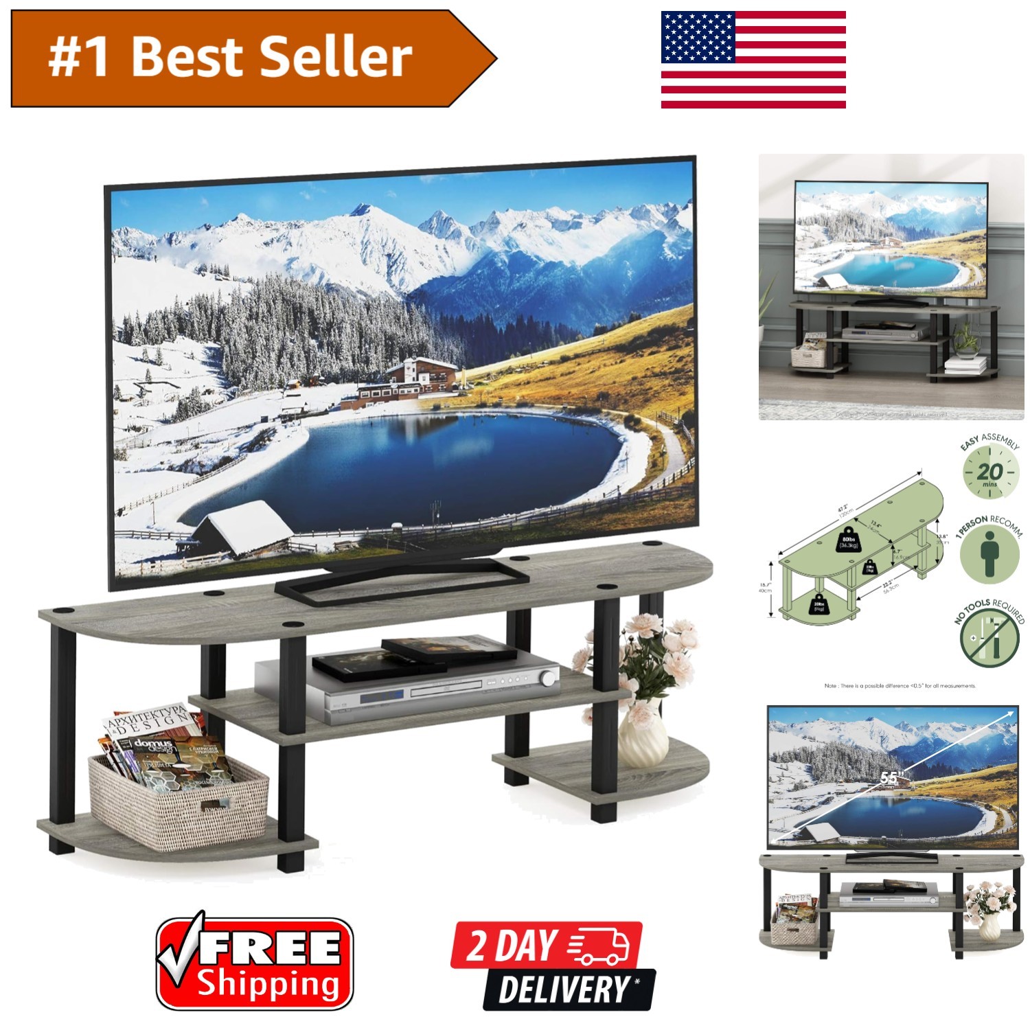 3-Tier TV Stand with Easy Assembly - Supports Up to 140 lbs for TVs 55-Inch gallery