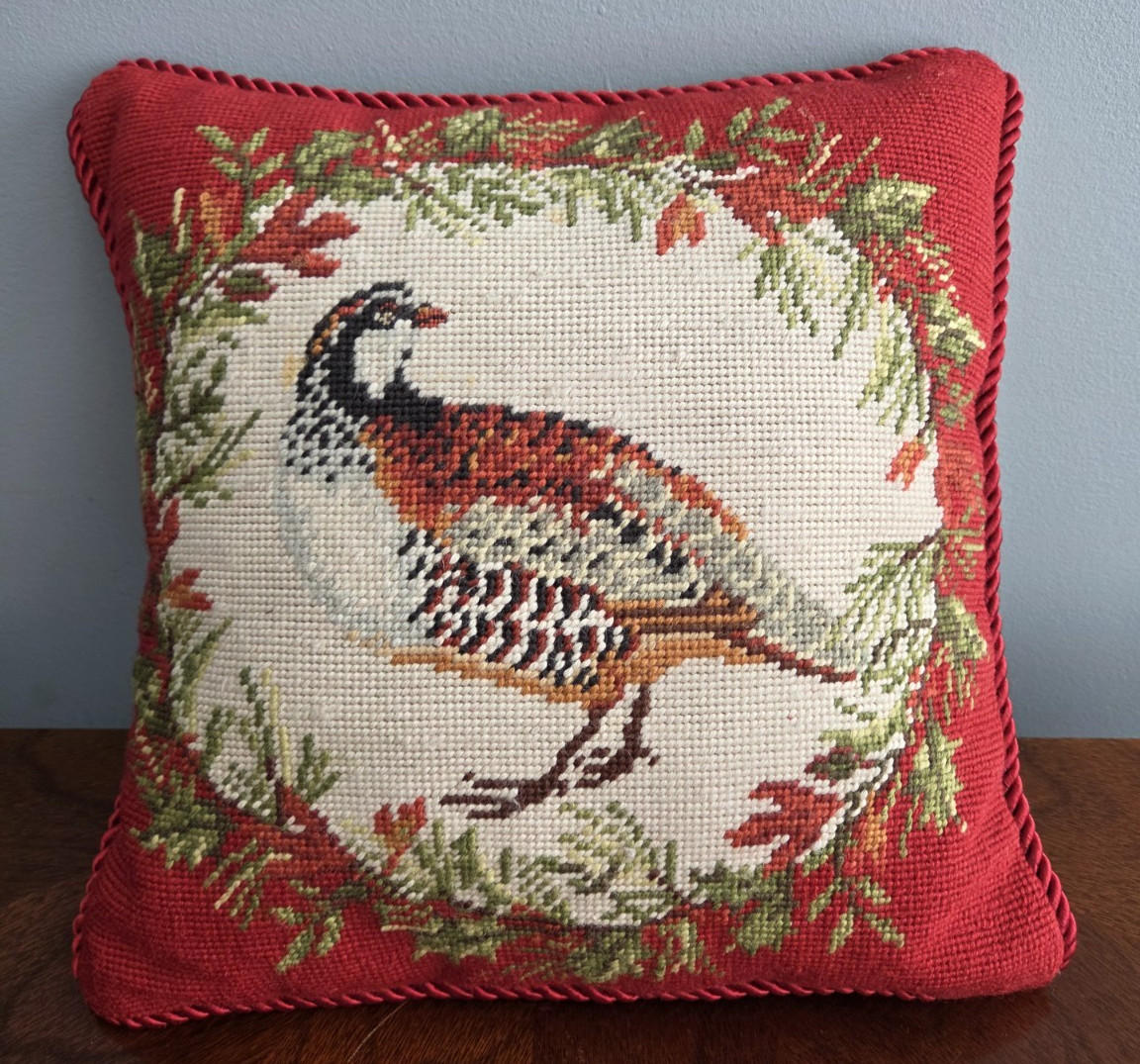 Needlepoint Pillow Red Beige Grouse Vintage Handmade Decorative 16”x16” Square gallery