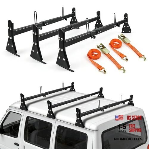 Adjustable 57-65 Roof Ladder Rack for Van - 3 Bar Set - 850 LBS Capacity - Black gallery