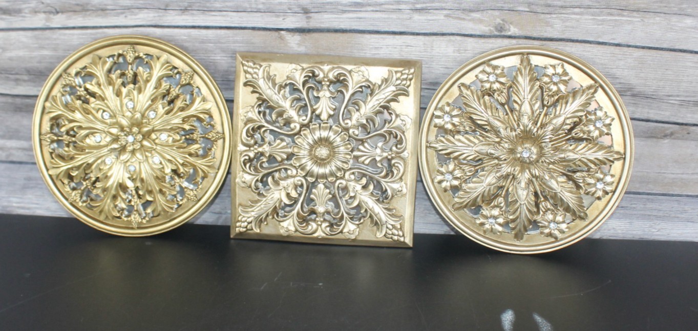 3pc Gold Ornate Wall Decor Plaques Set Floral Medallion Sculpture Art Home gallery