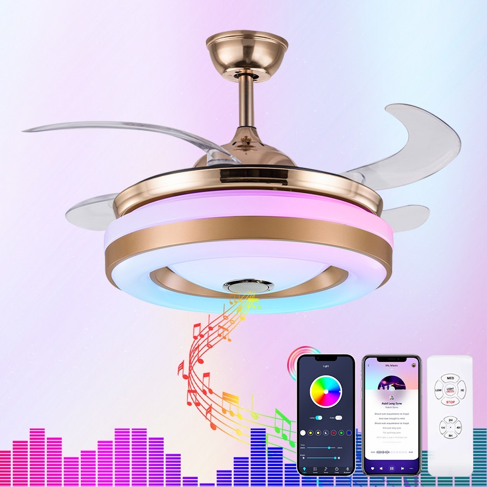 42"Retractable Ceiling Fan Light Bluetooth Speaker RGB Color Changing Chandelier gallery
