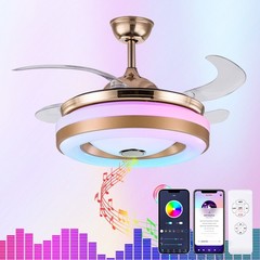 42″Retractable Ceiling Fan Light Bluetooth Speaker RGB Color Changing Chandelier