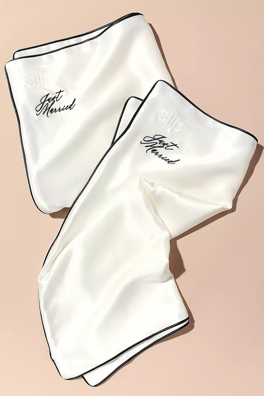 SLIP 100% Silk Queen Pillowcase Set JUST MARRIED White w/ Black Piping NIB gallery