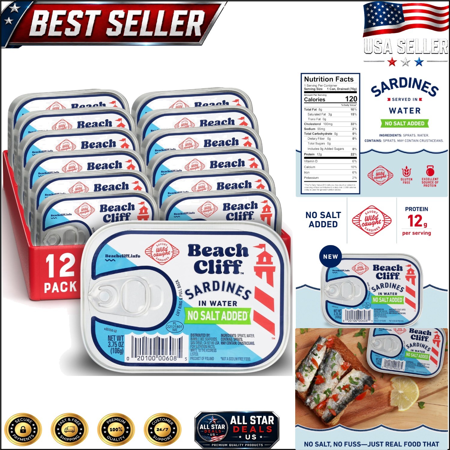 High Protein Sardines - No Salt Added, Keto Friendly, Gluten Free, 3.75 oz x 12 gallery