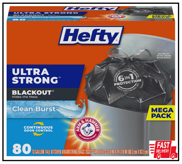 Hefty Ultra Strong Tall Kitchen Trash Bags, Blackout, Clean Burst, 13 Gal, 80 ct gallery