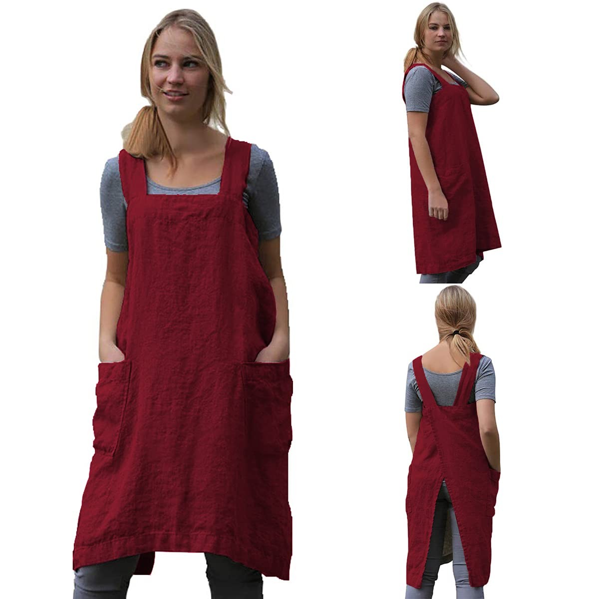 Cotton Linen Apron Cross Back Apron for with Big Pockets Square Pinafore Dres... gallery