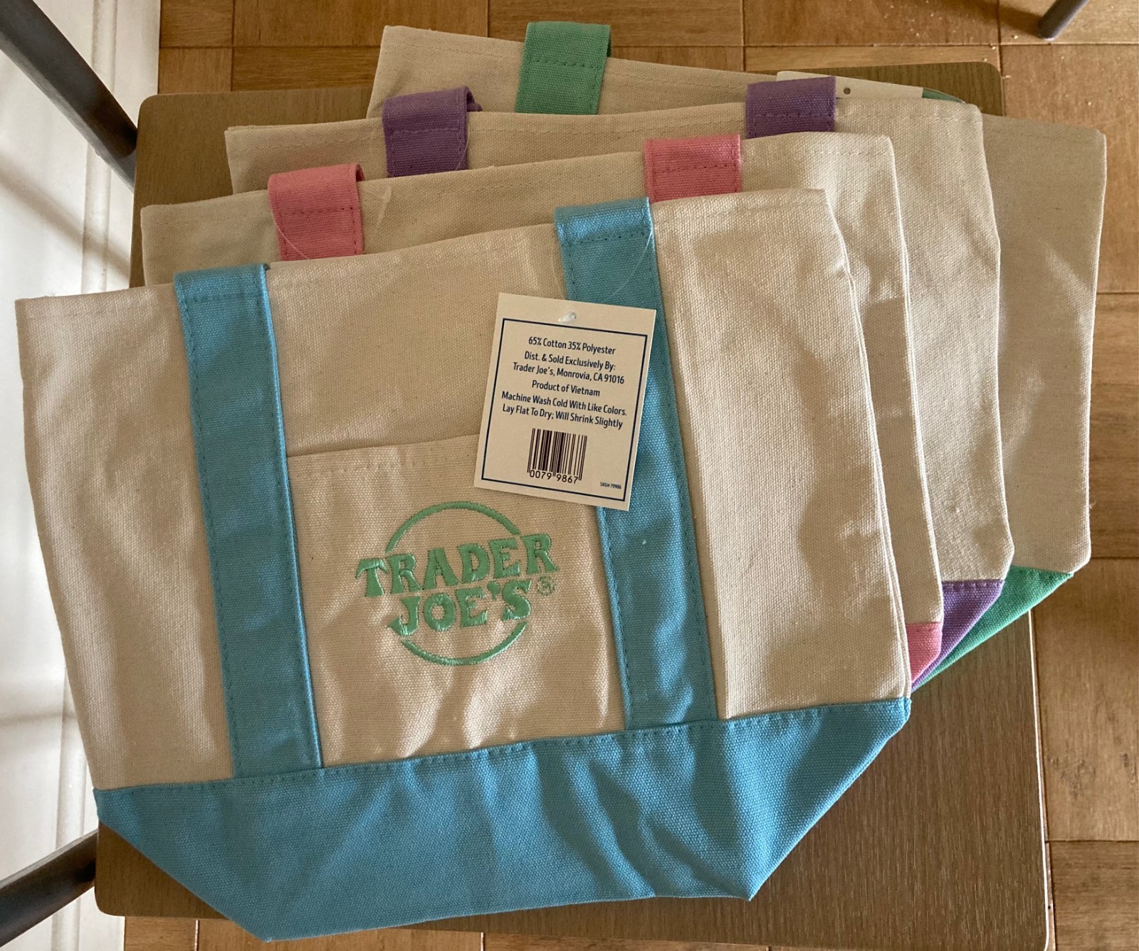 Trader Joe’s Mini Pastel Canvas Tote Bag Set Of 4 NWT Blue Green Pink Purple gallery