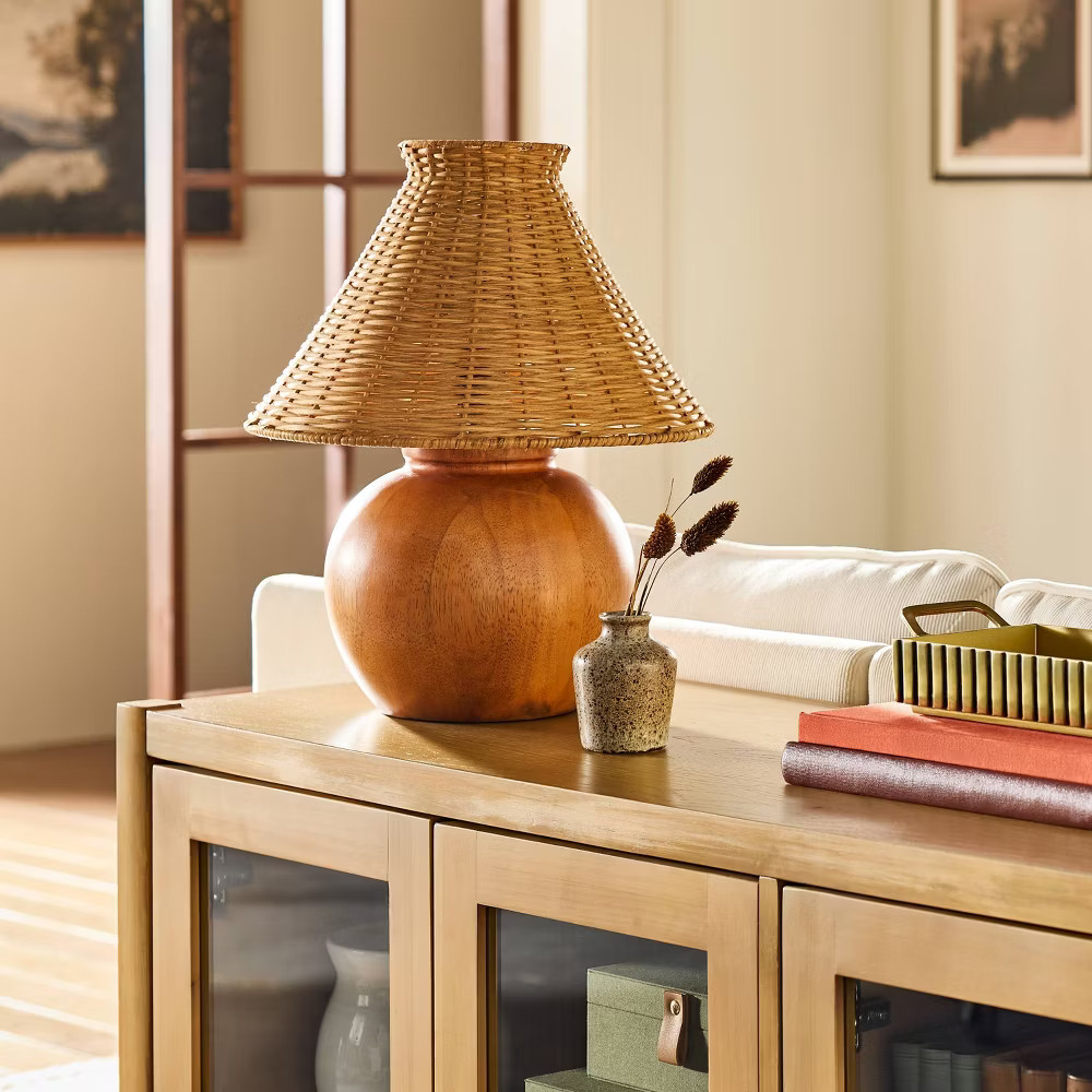Wood Base with Rattan Shade Accent Table Lamp - Hearth & Hand gallery