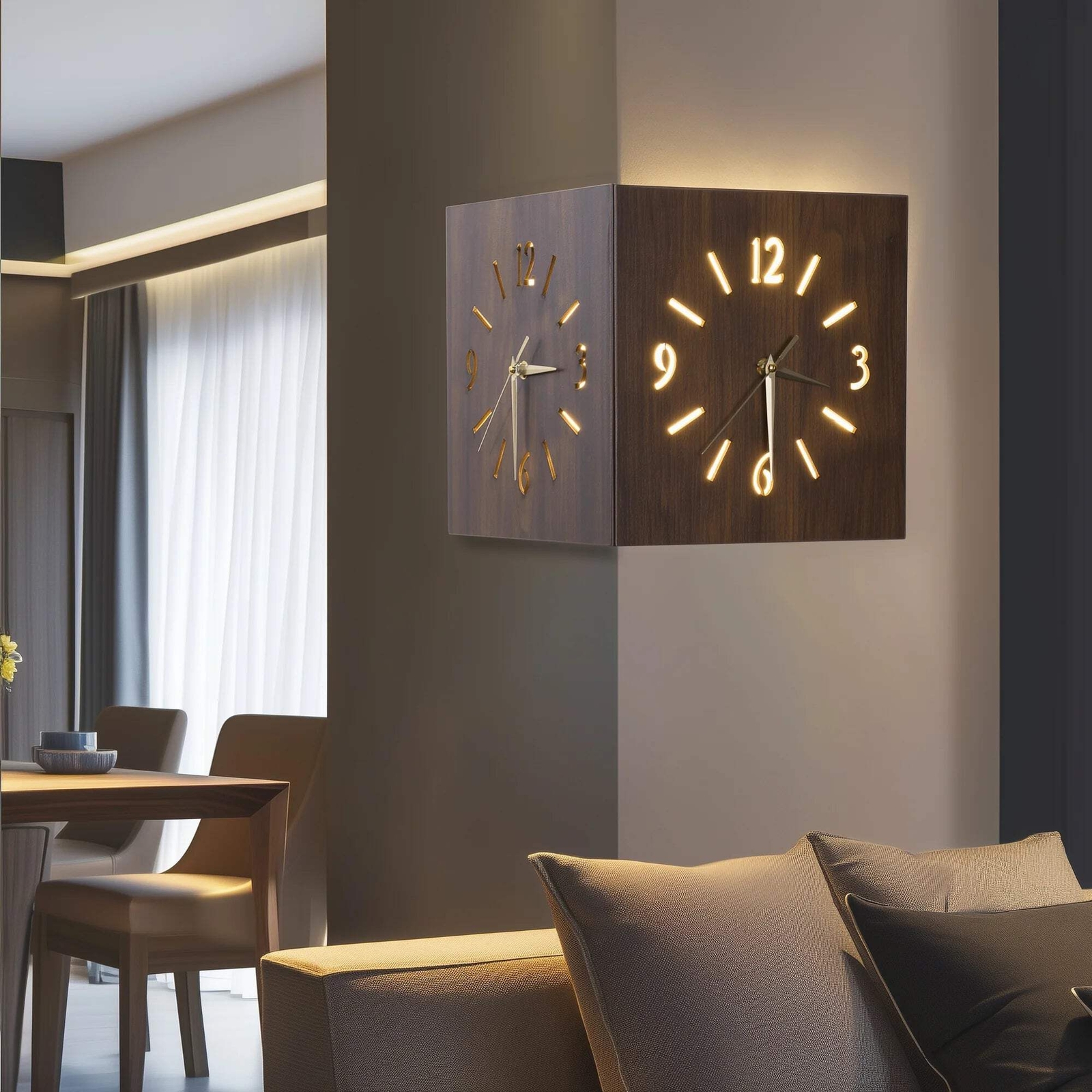 Sound & Darkness Activated Wall Corner Clock – Unique LED Light-Up Timepiece gallery