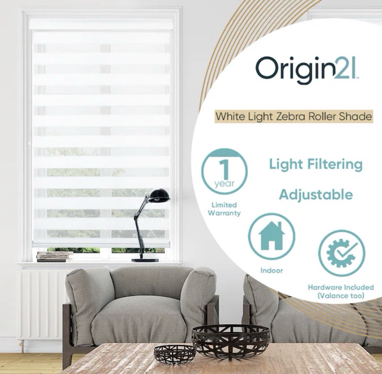 Origin21 White Light Zebra Roller Shade 39 x 64 in White Light Filtering gallery