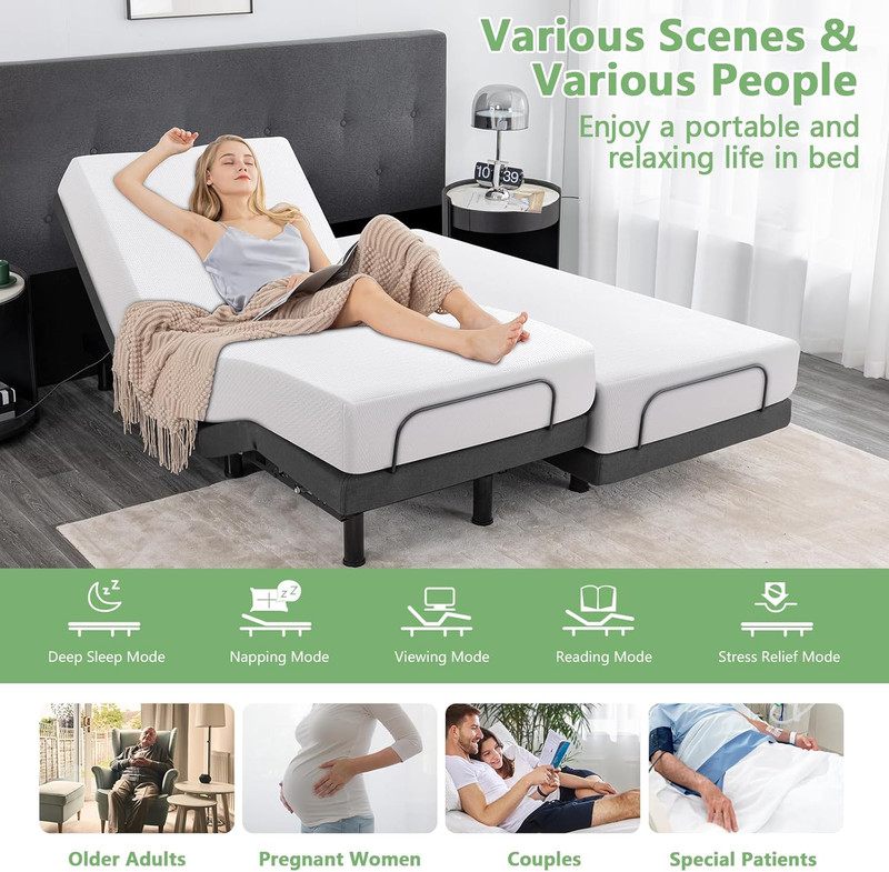Split King Adjustable Bed Frame & 12" Gel Memory Foam Mattress - Wireless Remote gallery