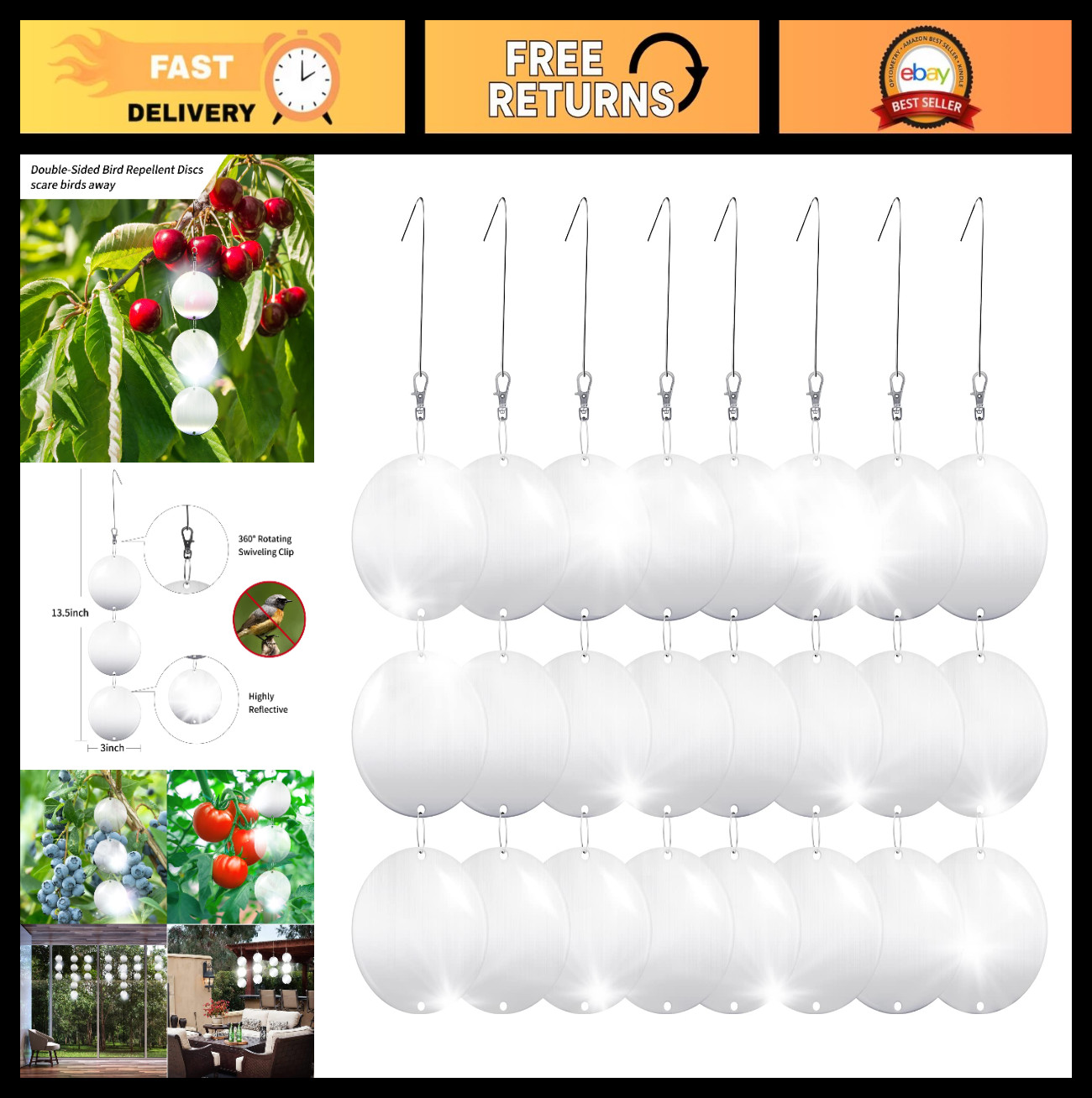 24PCS Reflective Bird Scare Discs - Double-Sided Deterrents for Garden, Patio, Y gallery