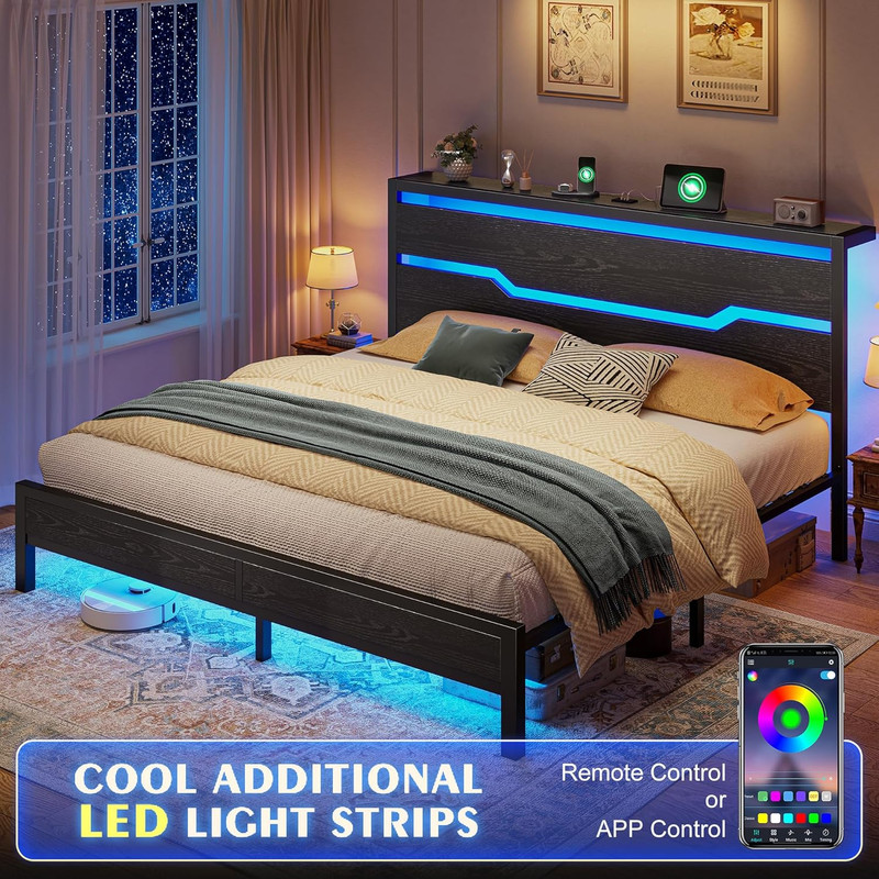 King Size Bed Frame with LED Lights & Charging Station, King Bed Frame and Headb gallery