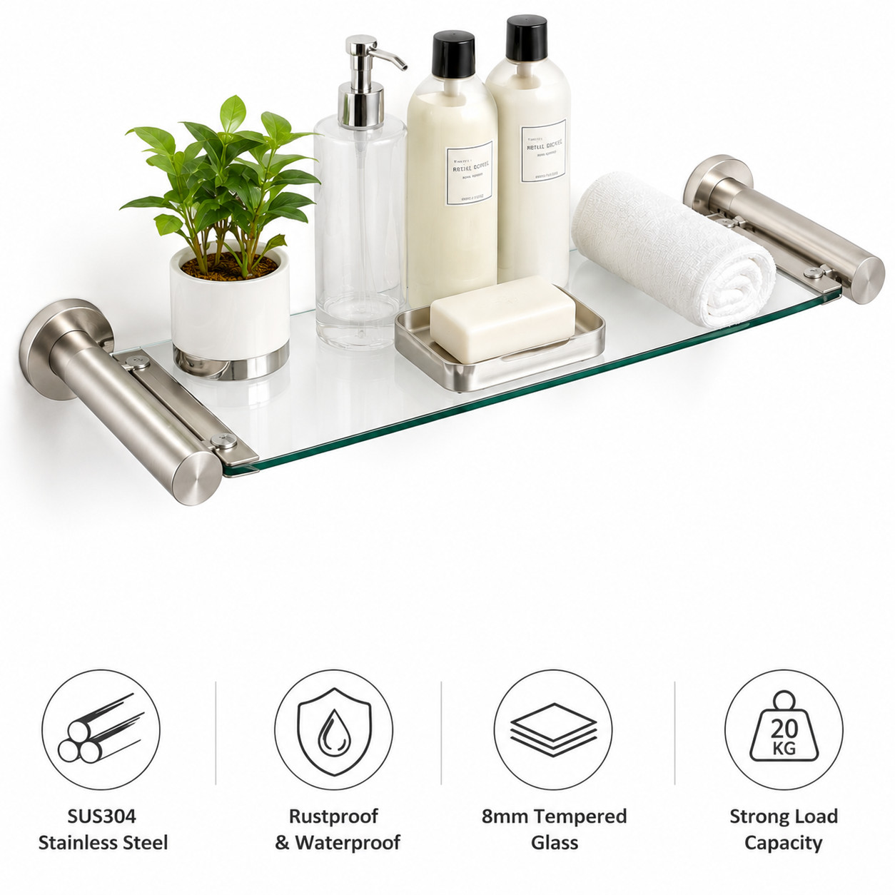 16" Bathroom Glass Shelf Wall Mounted Floating Shower Organizer Rack gallery