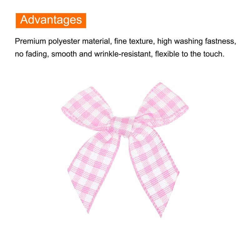 10Pcs Mini Gingham Ribbon Bow 1.5" Checkered Fabric Satin Pink and White gallery