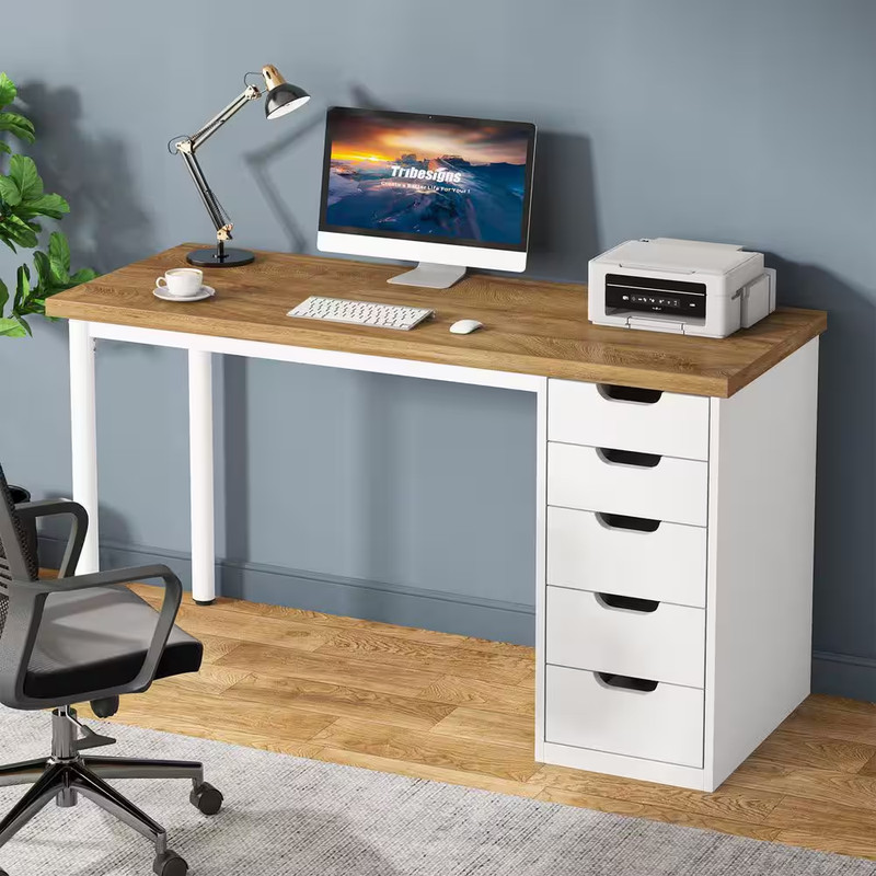Havrvin 47 In. Rectangular Light Brown and White 5-Drawer Computer Desk for Home gallery