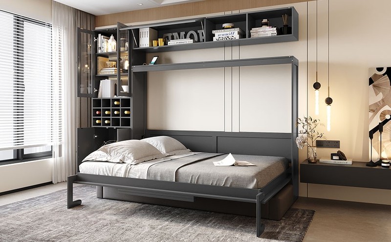 Full Size Murphy Bed with Sofa, Shelves, USB & Light, Gray gallery
