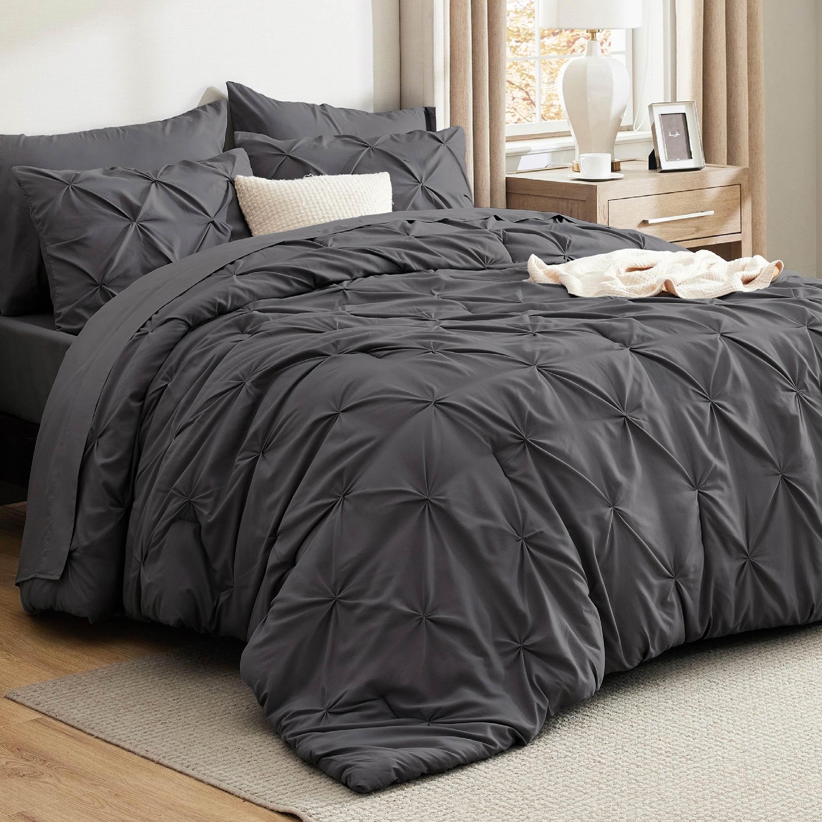 Comforter Set King 7 Pieces Dark Grey Pintuck Bedding Bedsure Size GentleSoft gallery